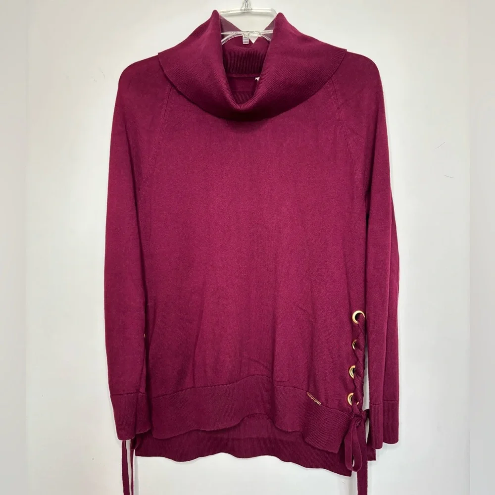 BN2 Michael Kors Women's Burgundy Sweater Side‎ Lace-Up Turtleneck